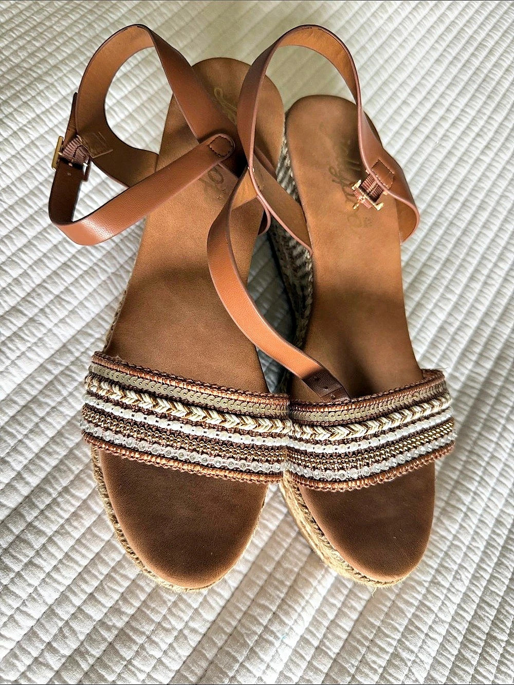 Jellypop Suzanne Espadrille Wedge Sandal Brown & Gold US 11 M
